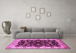 Machine Washable Oriental Pink Traditional Rug in a Living Room, wshurb619pnk