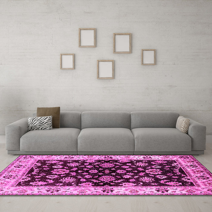 Machine Washable Oriental Pink Traditional Rug in a Living Room, wshurb619pnk