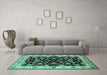 Machine Washable Oriental Turquoise Traditional Area Rugs in a Living Room,, wshurb619turq