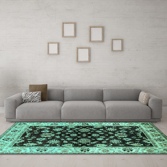 Machine Washable Oriental Turquoise Traditional Area Rugs in a Living Room,, wshurb619turq