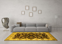 Machine Washable Oriental Yellow Traditional Rug in a Living Room, wshurb619yw