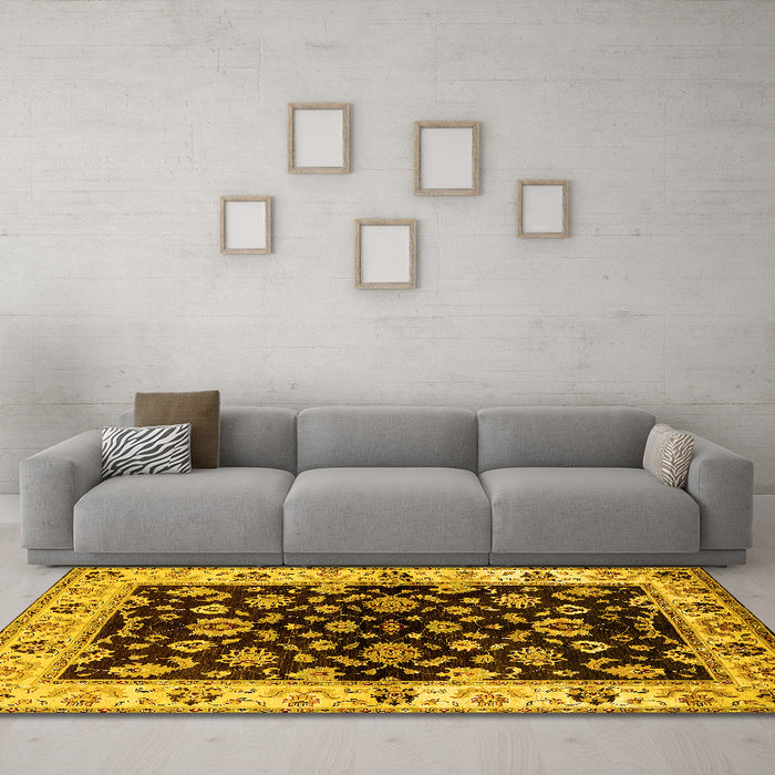 Machine Washable Oriental Yellow Traditional Rug in a Living Room, wshurb619yw