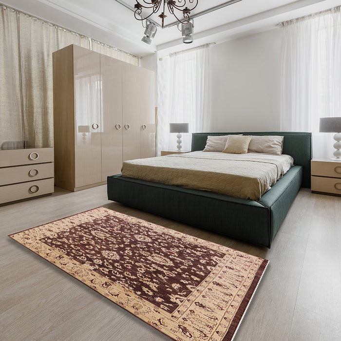 Machine Washable Industrial Modern Red Brown Rug in a Bedroom, wshurb620