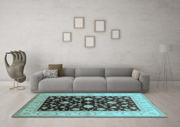 Machine Washable Oriental Light Blue Traditional Rug in a Living Room, wshurb621lblu
