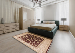 Mid-Century Modern Dark Sienna Brown Oriental Rug in a Bedroom, urb621