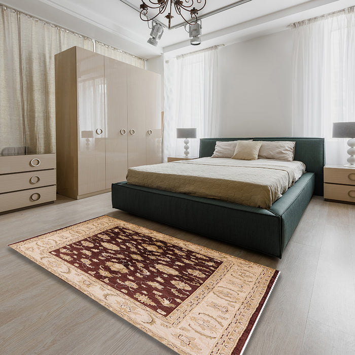 Mid-Century Modern Dark Sienna Brown Oriental Rug in a Bedroom, urb621