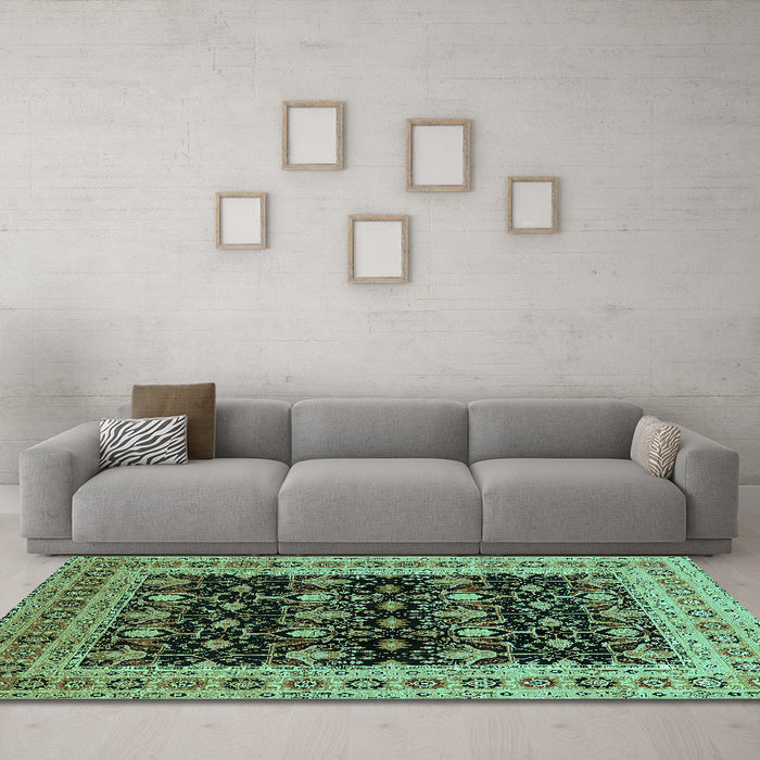 Machine Washable Oriental Turquoise Traditional Area Rugs in a Living Room,, wshurb622turq