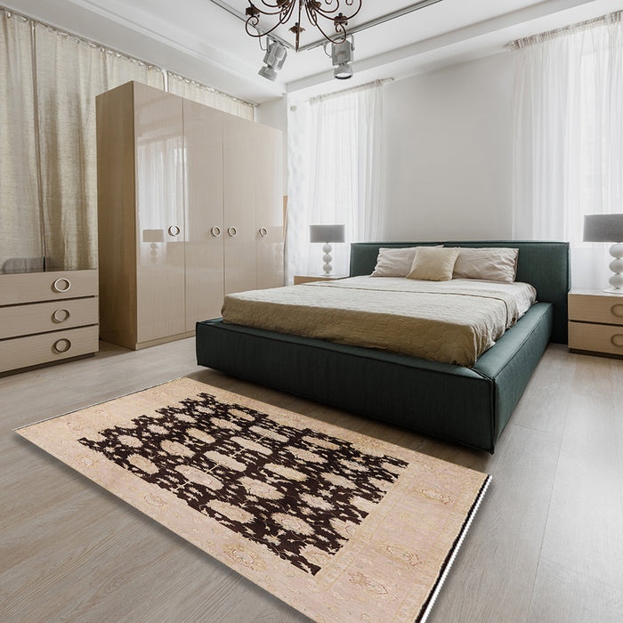Mid-Century Modern Brown Oriental Rug in a Bedroom, urb623