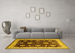 Machine Washable Oriental Yellow Traditional Rug in a Living Room, wshurb624yw