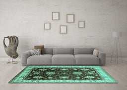 Machine Washable Oriental Turquoise Traditional Area Rugs in a Living Room,, wshurb624turq