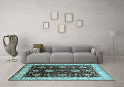 Machine Washable Oriental Light Blue Traditional Rug in a Living Room, wshurb624lblu