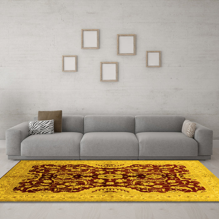Machine Washable Oriental Yellow Traditional Rug in a Living Room, wshurb625yw
