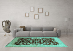Machine Washable Oriental Turquoise Traditional Area Rugs in a Living Room,, wshurb625turq