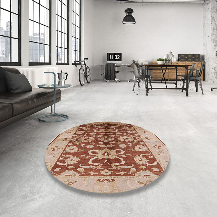 Round Mid-Century Modern Mahogany Brown Oriental Rug in a Office, urb626