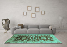 Machine Washable Oriental Turquoise Traditional Area Rugs in a Living Room,, wshurb626turq