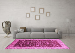 Machine Washable Oriental Pink Traditional Rug in a Living Room, wshurb628pnk