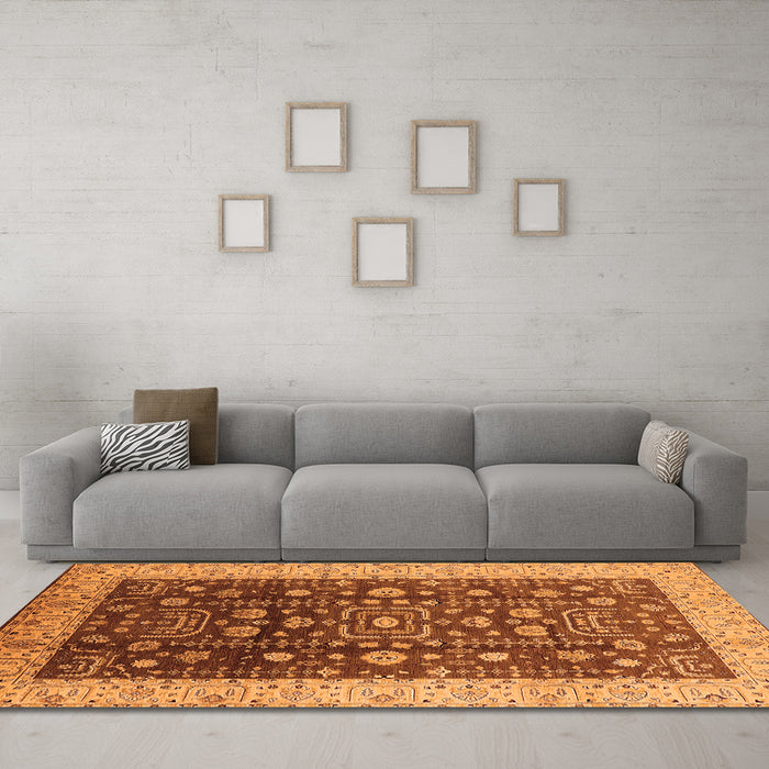 Machine Washable Oriental Orange Traditional Area Rugs in a Living Room, wshurb628org