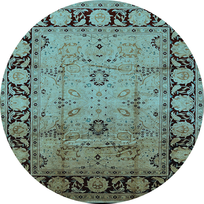 Round Machine Washable Oriental Light Blue Traditional Rug, wshurb629lblu