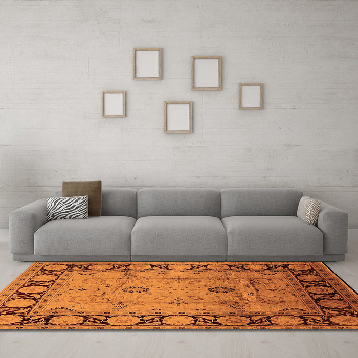 Machine Washable Oriental Orange Traditional Area Rugs in a Living Room, wshurb629org