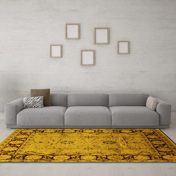 Machine Washable Oriental Yellow Traditional Rug in a Living Room, wshurb629yw