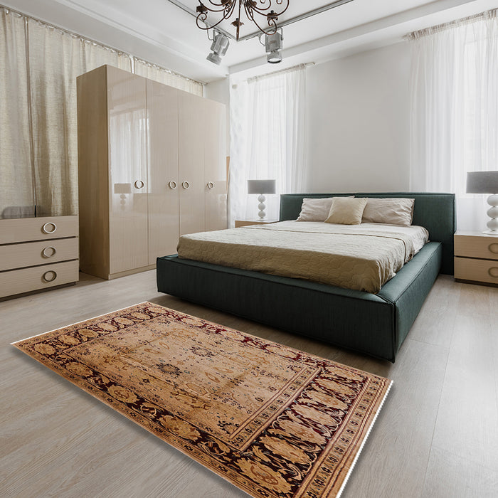 Mid-Century Modern Brown Sand Brown Oriental Rug in a Bedroom, urb629