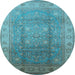 Round Machine Washable Oriental Light Blue Traditional Rug, wshurb630lblu