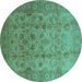 Round Machine Washable Oriental Turquoise Traditional Area Rugs, wshurb633turq