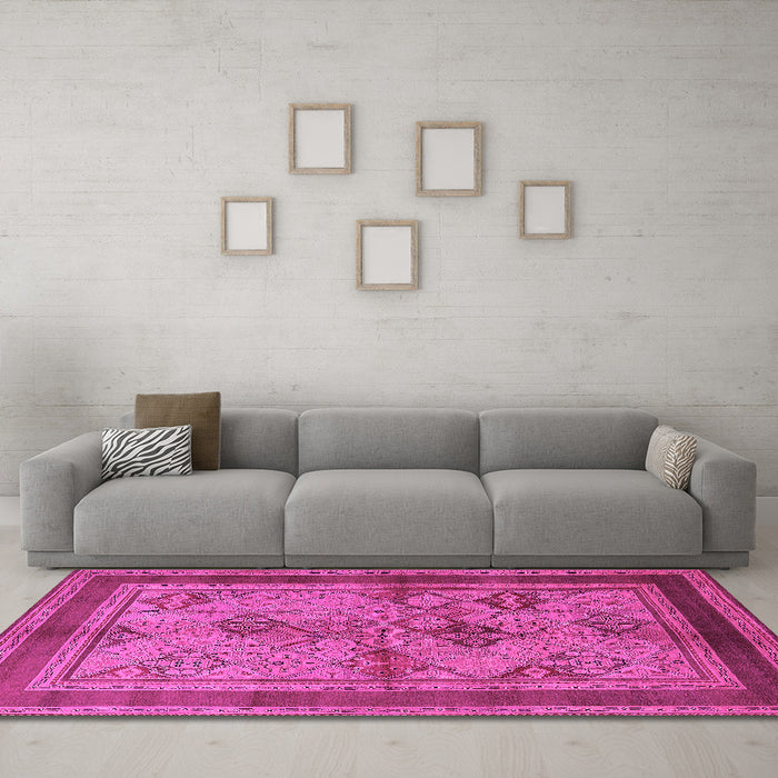 Machine Washable Oriental Pink Industrial Rug in a Living Room, wshurb634pnk