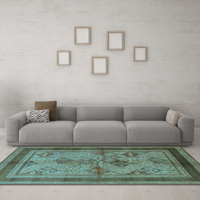 Machine Washable Oriental Light Blue Industrial Rug in a Living Room, wshurb634lblu