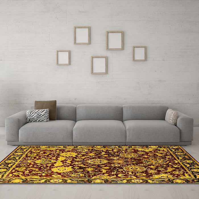 Machine Washable Oriental Yellow Industrial Rug in a Living Room, wshurb635yw