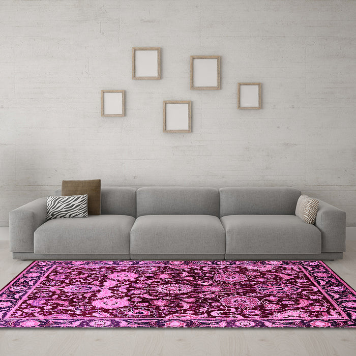Machine Washable Oriental Pink Industrial Rug in a Living Room, wshurb635pnk