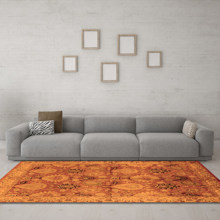 Machine Washable Oriental Orange Industrial Area Rugs in a Living Room, wshurb637org