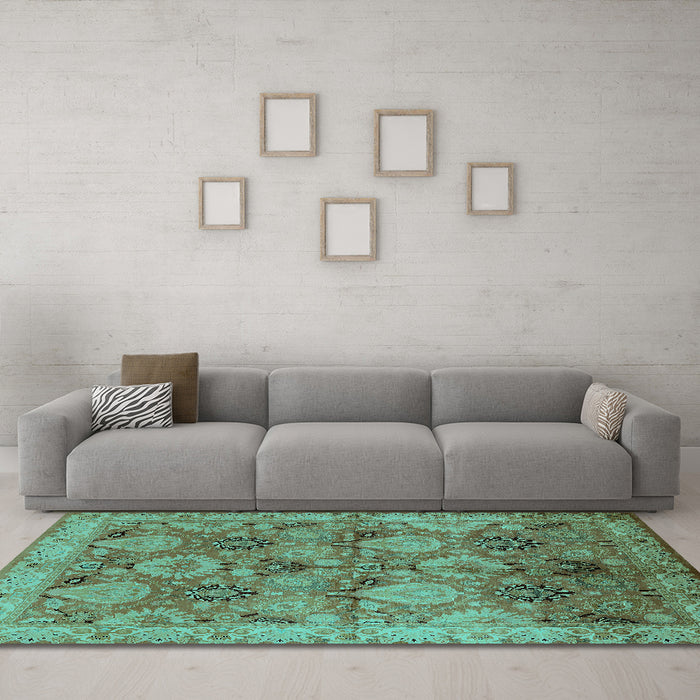 Machine Washable Oriental Turquoise Industrial Area Rugs in a Living Room,, wshurb637turq