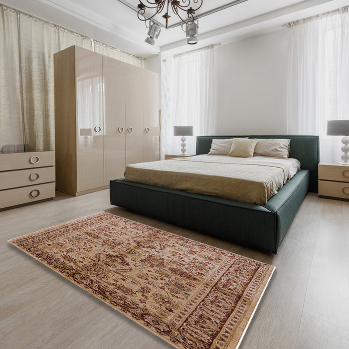 Mid-Century Modern Light Copper Gold Oriental Rug in a Bedroom, urb639