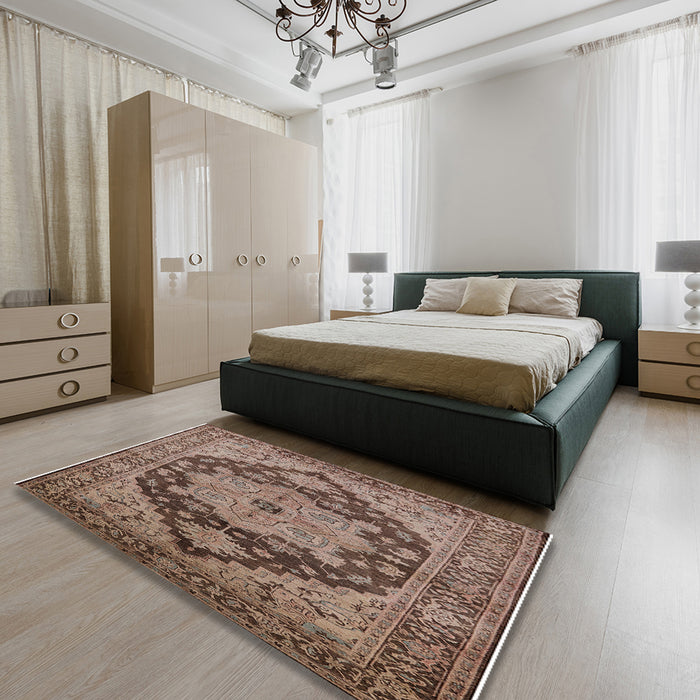 Mid-Century Modern Light Copper Gold Oriental Rug in a Bedroom, urb640