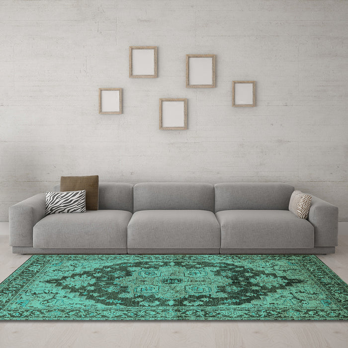 Machine Washable Oriental Turquoise Industrial Area Rugs in a Living Room,, wshurb640turq