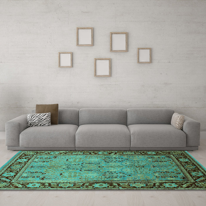 Machine Washable Oriental Turquoise Industrial Area Rugs in a Living Room,, wshurb641turq