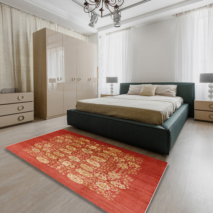 Mid-Century Modern Red Oriental Rug in a Bedroom, urb642