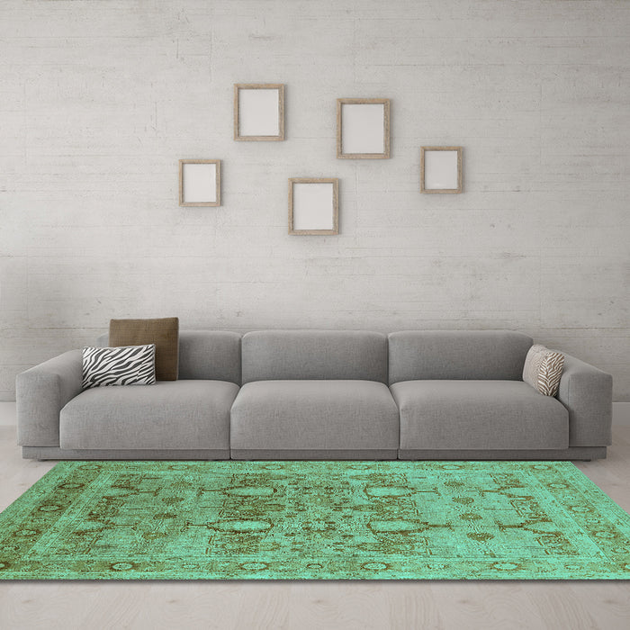 Machine Washable Oriental Turquoise Industrial Area Rugs in a Living Room,, wshurb643turq