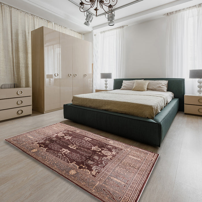 Mid-Century Modern Dark Salmon Pink Oriental Rug in a Bedroom, urb645