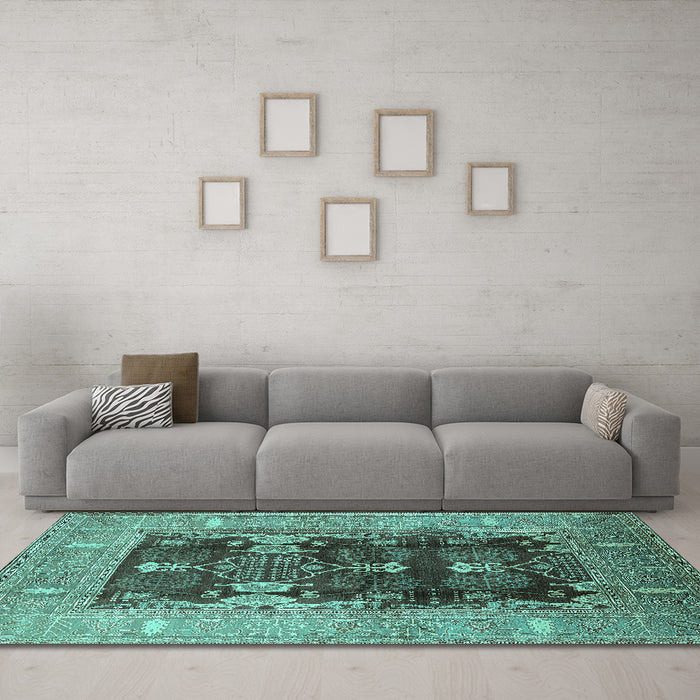 Machine Washable Oriental Turquoise Industrial Area Rugs in a Living Room,, wshurb645turq