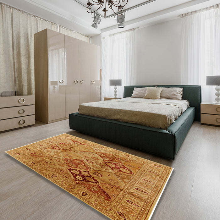Mid-Century Modern Orange Red Orange Oriental Rug in a Bedroom, urb648