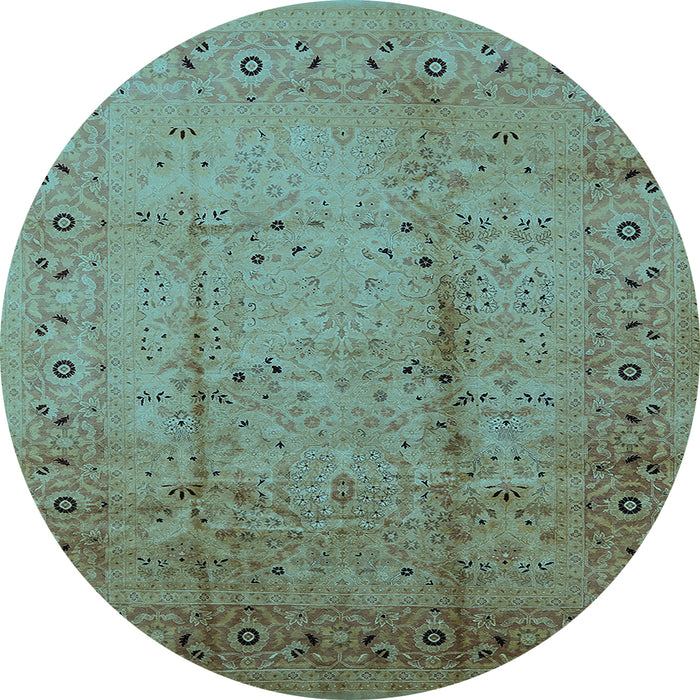Round Machine Washable Oriental Light Blue Industrial Rug, wshurb649lblu