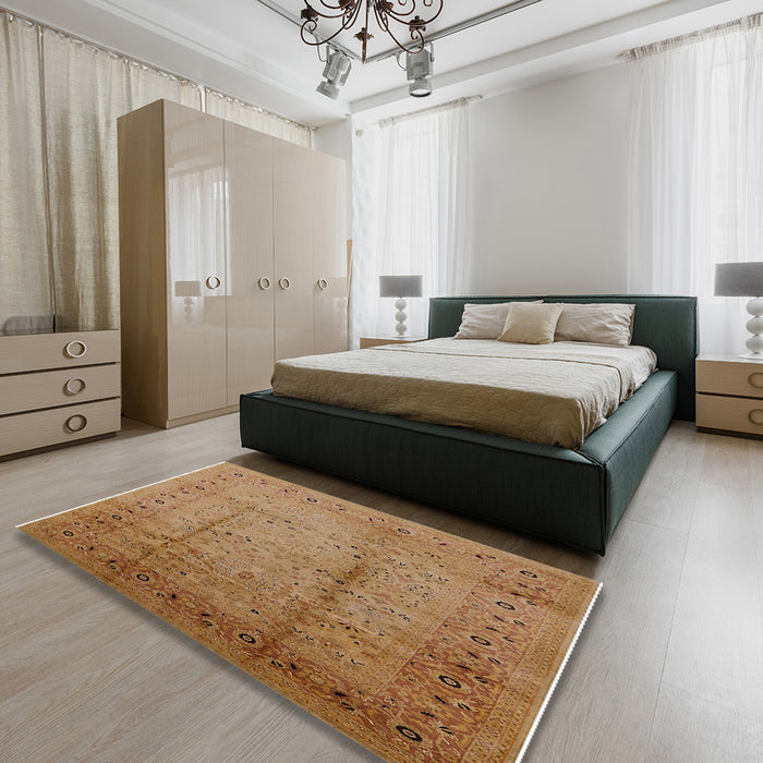 Mid-Century Modern Bronze Brown Oriental Rug in a Bedroom, urb649
