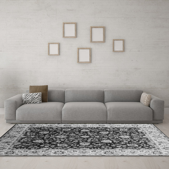 Machine Washable Oriental Gray Industrial Rug in a Living Room,, wshurb651gry