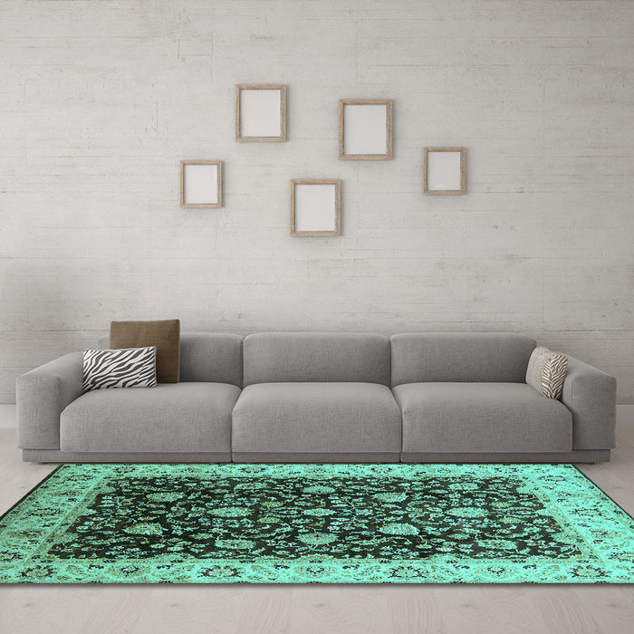 Machine Washable Oriental Turquoise Industrial Area Rugs in a Living Room,, wshurb651turq
