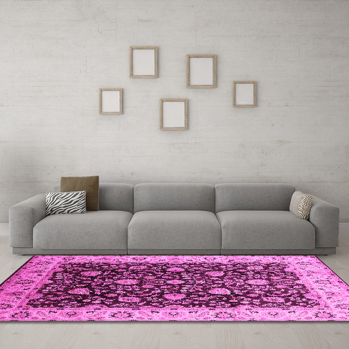 Machine Washable Oriental Pink Industrial Rug in a Living Room, wshurb651pnk