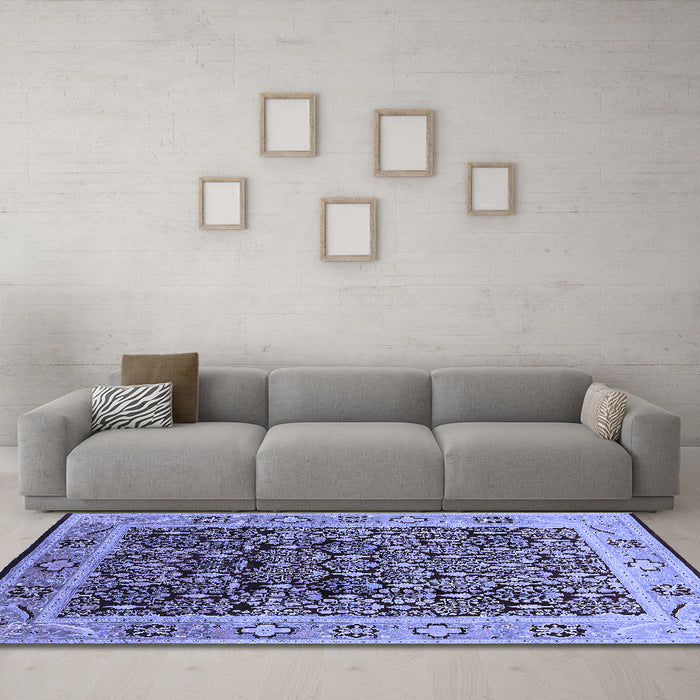 Machine Washable Oriental Blue Industrial Rug in a Living Room, wshurb652blu