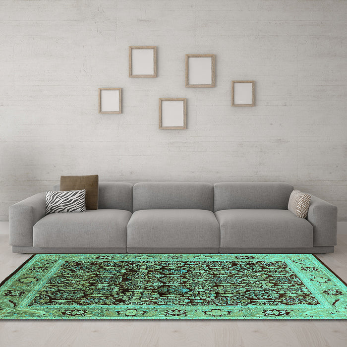 Machine Washable Oriental Turquoise Industrial Area Rugs in a Living Room,, wshurb652turq