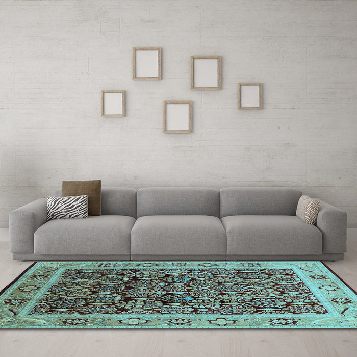 Machine Washable Oriental Light Blue Industrial Rug in a Living Room, wshurb652lblu